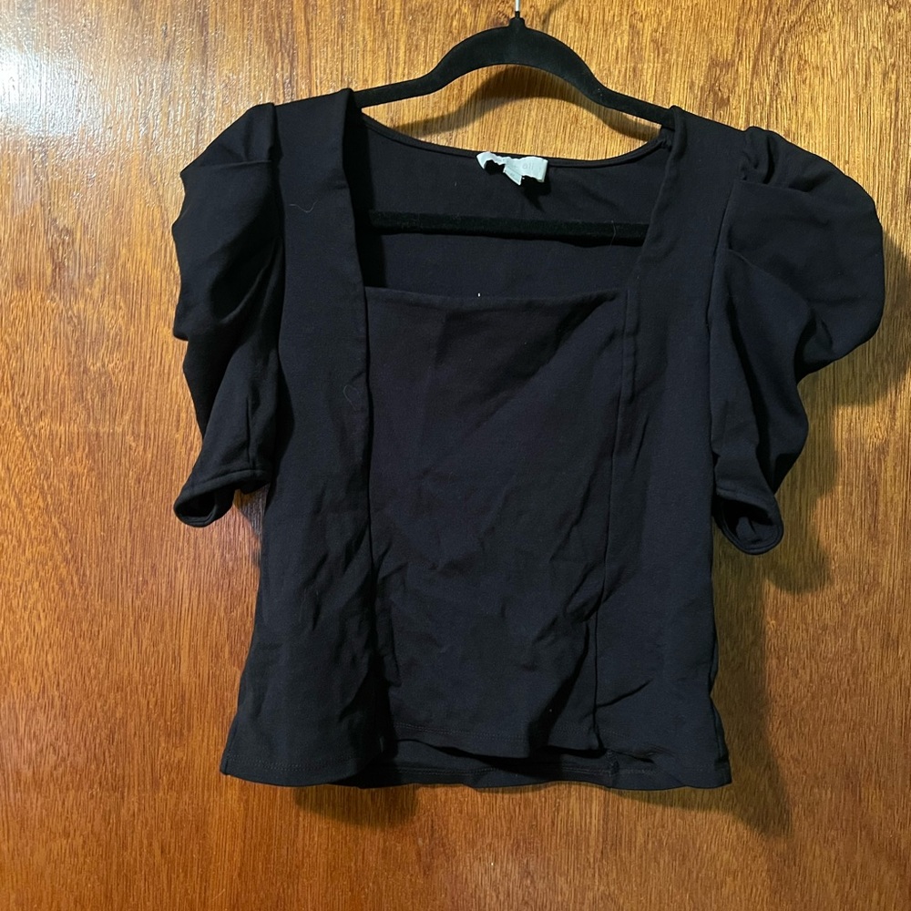 Anthropologie black ruched shoulder top